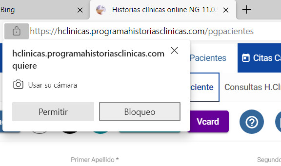 Permitir en el navegador acceso a la webcam ficha paciente historia clínica