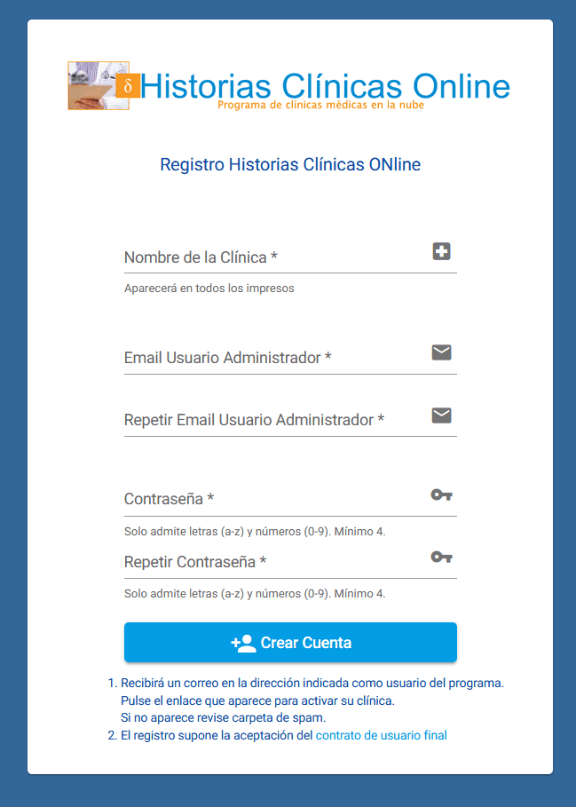 Acceder al formulario de registro en el programa Historias Clínicas Online