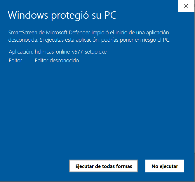 Pulsar ejecutar de todas formas en Windows para confiar en Historias Clínicas Online